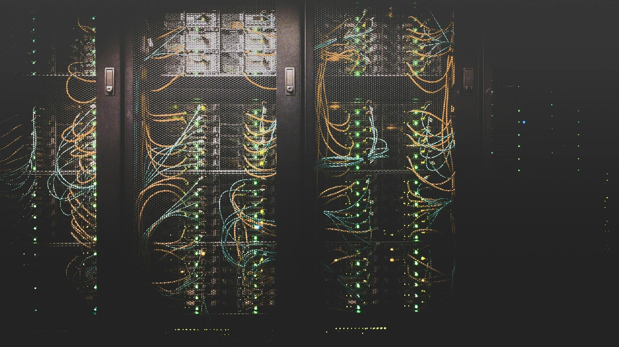 Network equipment racks with structured fibre optic patching.